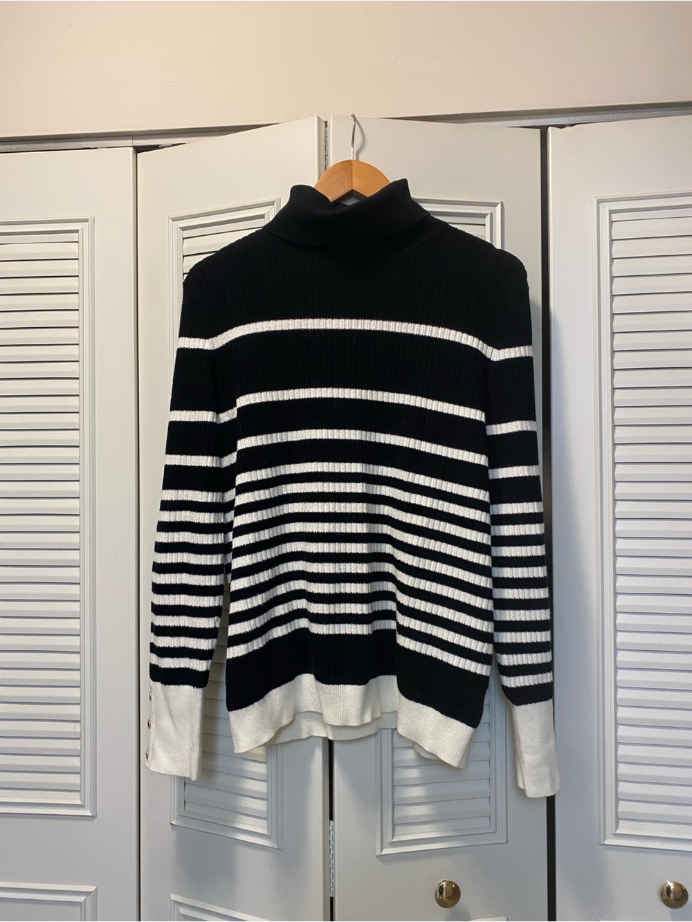 Talbots Black & White Striped Turtleneck Sweater